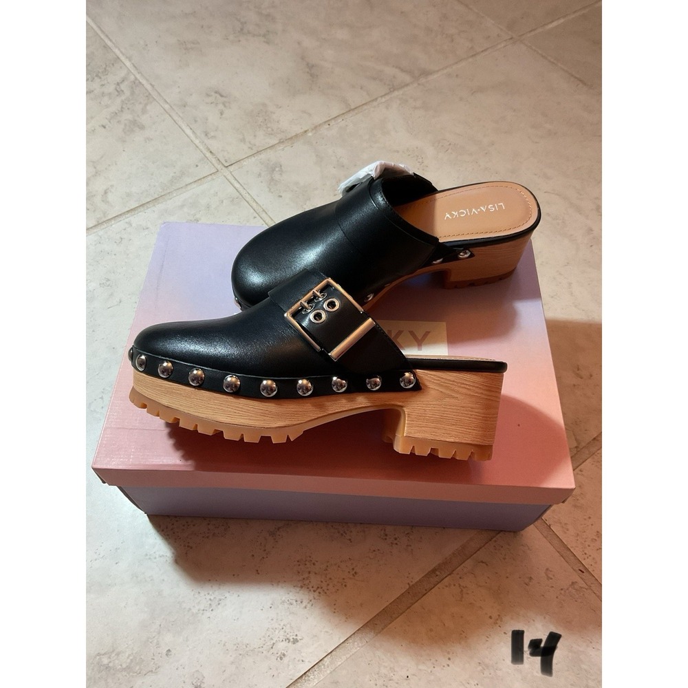 Lisa Vicky Vixen-V Black Polish Calf Leather Clog with Buckle, Size 6
